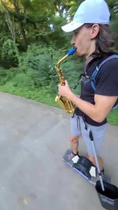 I like to ride around parks while picking up trash and serenading strangers with my saxophone.