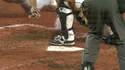 [Highlight] [SEA-TOR] Valera tests France's arm at the top of the ninth of a tied game with two outs from the foul area by first base, is called safe. Play is reviewed, and Valera is called out due to contact on the forearm.