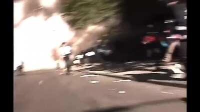 Up close camera footage of the first tower collapsing.