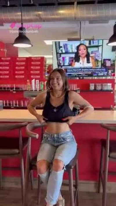 Busty babe flashing her nice twins