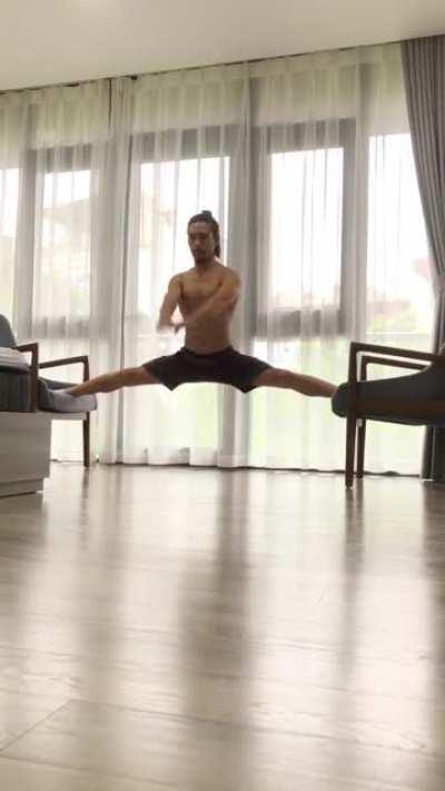 Tested my middle split strength on chairs. Somehow it feels more comfortable than doing it on the floor. Still got a way to go until I can do the full middle splits!