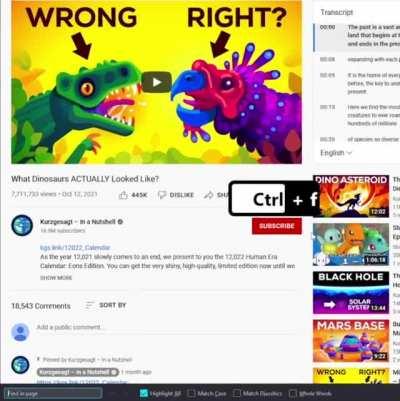 You can find a specific point in YouTube video by searching the transcript.