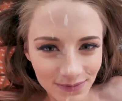 The prettiest sluts get facials. Look how pleased she is to have earned cum on her face.