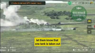 [Old] One Russian tank fights entire Ukrainian armoured assault group (Russian tank is backed by observer drones and ATGM)
