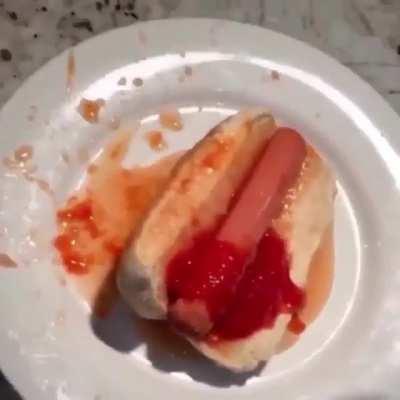 Yum yum hotdog and ketchup.