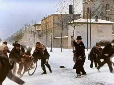 Snowball fight 124 years ago. Lyon, France, 1896. Colorized and speed adjusted. Original in black and white by Louis Lumiere.