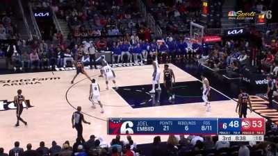 [Highlight] Embiid hits the bunny hop jumper and then blocks Trae Young on the other end