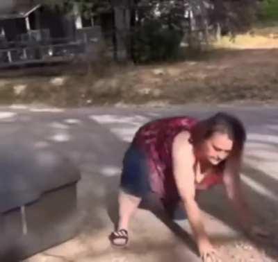 Trashy lady takes herself out