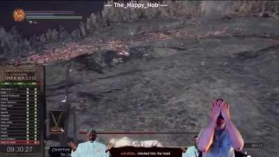 This man was attempting a no-hit dark souls trilogy run. If he gets hit once then he restarts the game from the beginning. This is the final boss of the final game in the trilogy