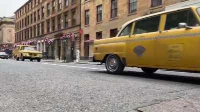 Indiana Jones cars convoying off set.