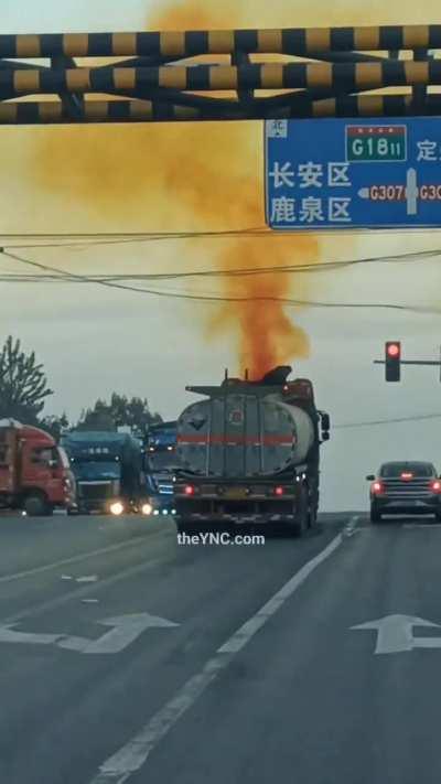 (Unknown Date) China, Tanker trailer transporting Nitric Acid has a leak and explodes when driver tried to seal the leak.