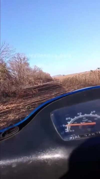 Body cam of Russian soldier on moped hitting a mine, Donetsk (May 2025)