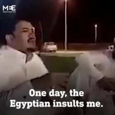 Saudi Boss boasting about how he beats his Egyptian labourers. What a monster!