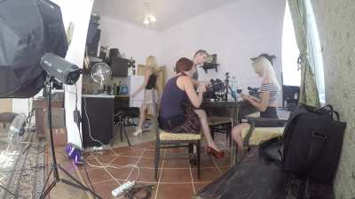 Backstage of leather dresses on high heels upskirt panties party shooting