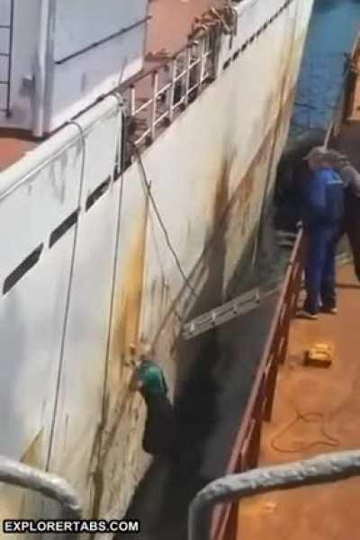 Boarding a boat on a rusty ol' ladder