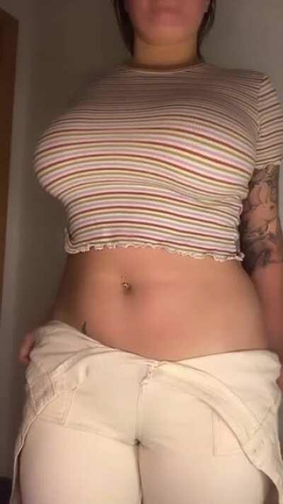 just about squeezed these thighs into my jumpsuit, come and help me take it off please