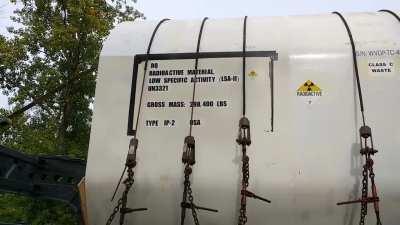 This 298,400lb nuclear waste cask and the dolly trailer used to transport it. It's coming from West Valley Demonstration Project in NY, a spent fuel reprocessing facility that was only in operation from 1966-1972. It has been undergoing decontamination ev
