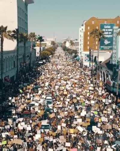 Drone footage over the June 7, 2020 LA Black Lives Matter protest on Hollywood Blvd