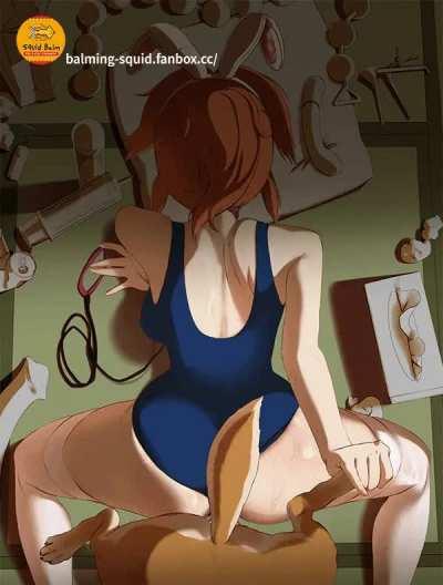 Redhead babe playing with her dog (balming squid)