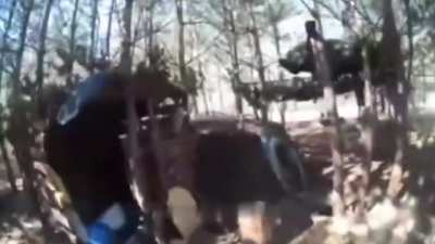 POV of Ukrainian soldier notified there's a Russian fibre-optic FPV around, grabs his shotgun and destroys it at close range. Serebryansky forest, Luhansk