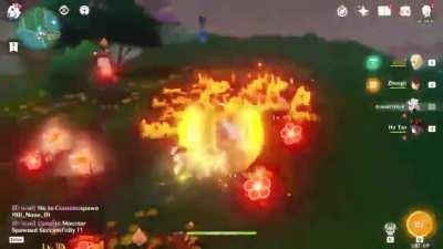 Itto burst AOE, via waffel or pong