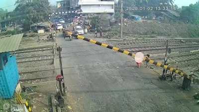 Not stopping for the railway level crossing inspite of warning sounds blaring