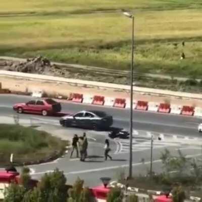 Tries to push girlfriend toward incoming traffic, then...