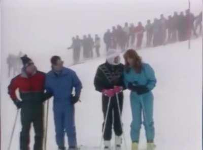 Princess Diana, and Sarah Ferguson goofin around on a skiing trip (1987)