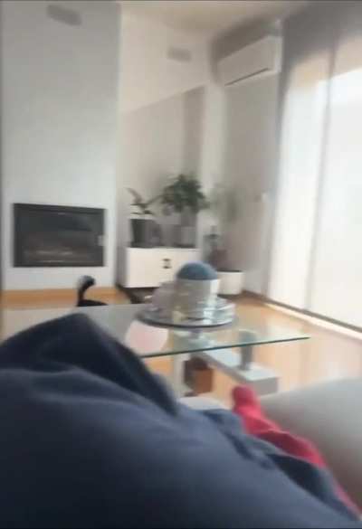 Dog tries to hop onto couch with balloon.