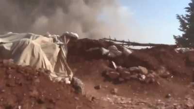 Syrian rebel near miss with a regime/Russian air strike on their position. Allegedly Khan Tuman area, Aleppo province, May 2016.