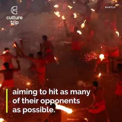 Agni Keli, a fire ritual game played in Mangalore, India, to appease the Hindu Goddess of War, Durga.