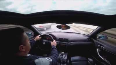 Man speeding loses control and narrowly misses car in front