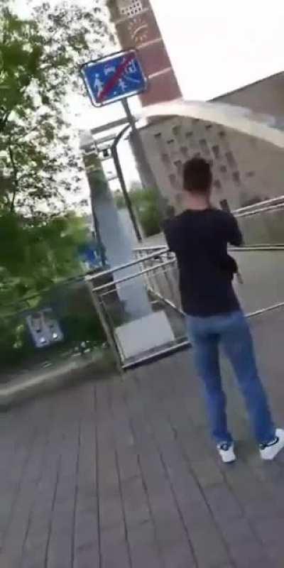 Squatting on a public footbridge