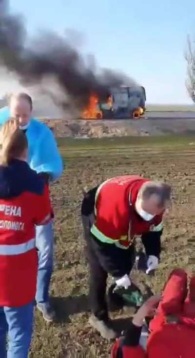 *Eyewitnesses report: Near Kherson, Russian Soldier shot down an ambulance while transporting the seriously wounded. The ambulance burned down, the driver died, and the paramedic was injured.