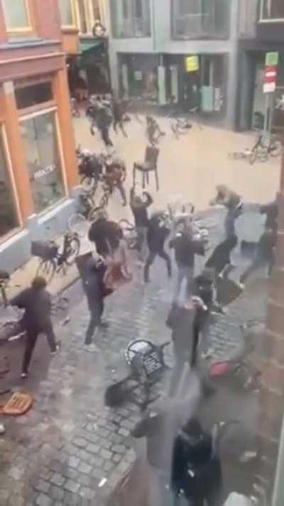 All out furniture brawl somewhere in the Netherlands