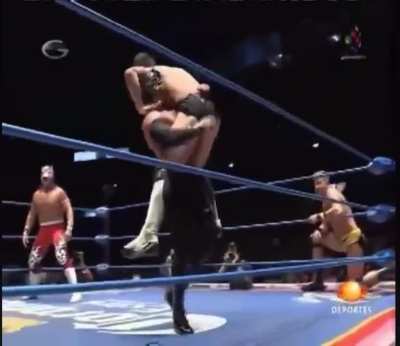 Finn Balor getting abused by Volador Jr, Ultimo Guerrero and Mephisto.