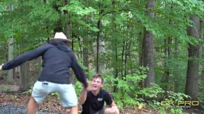 Disc golfer slips, 530ft hole