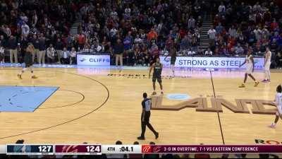 [Highlight] Darius Garland is doubled by the Timberwolves. Kevin Love attempts a deep inbound pass to Mobley and gets it deflected by Gobert. Prince is fouled, he makes both free throws after this and the game is over.