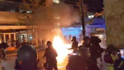 Portland rioter throws a large Molotov cocktail at Portland Police. 4th attempted murder on Police of the Night in the US (night of 9/23-24/2020.)