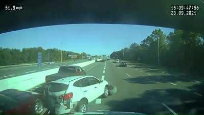 A 17-year-old girl learns a hard lesson about merging properly. (Everyone is okay and she admitted to never looking left) Pictures in the comments.