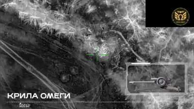 A heavy night bomber drone operated by Omega Wings hit 9 howitzers, a BM-21 Grad MLRS, and a tank. March 2025, location not disclosed.