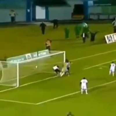 The guys stops a goal and makes an home run.