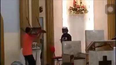 Smacked with his own helmet.