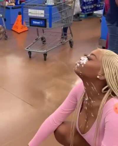 Squirting lotion on your face in Walmart