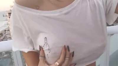 Pointing out her puffies