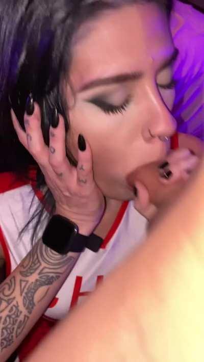 Two goth cheerleaders suck my cock