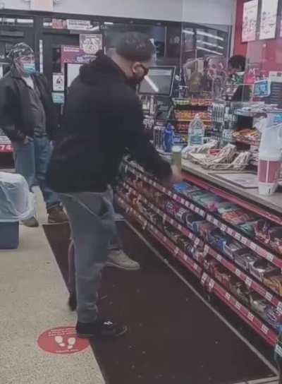 Guy yells at shopkeeper, attempts to kick guys soda and gets bitch slapped into next year