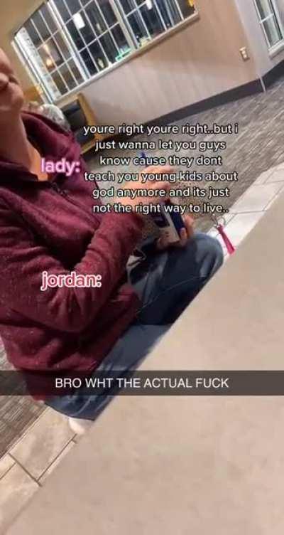 Christian woman assumes two kids are on a date at restaurant and tries to convert them.