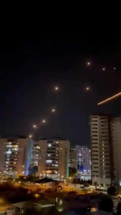 Iron Dome intercepts rockets over Ashdod in Israel. No direct impact has been reported from the latest rocket waves so far.