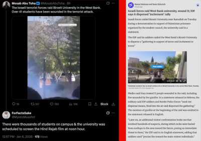 The Israel Genocide Forces attacked Birzeit University students, including with live fire, to prevent a screening of 'The Voice of Hind Rajab'. The terrorist forces called this 'incitement'.